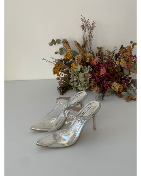 Vanilla Celeste Crystal-Embellished Strap Mules Heel