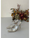 Silver Celeste Crystal-Embellished Strap Mules Heel