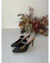 Black Celeste Crystal-Embellished Strap Mules Heel